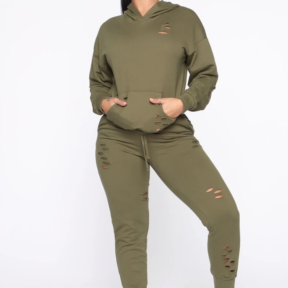 Fashion Nova Olive Green Distressed Track Joggers Set